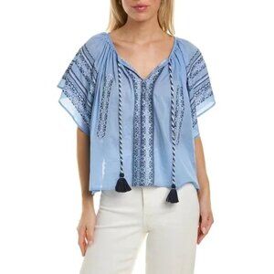Roller Rabbit women's popover top blouse small blue boho embroidered tassel